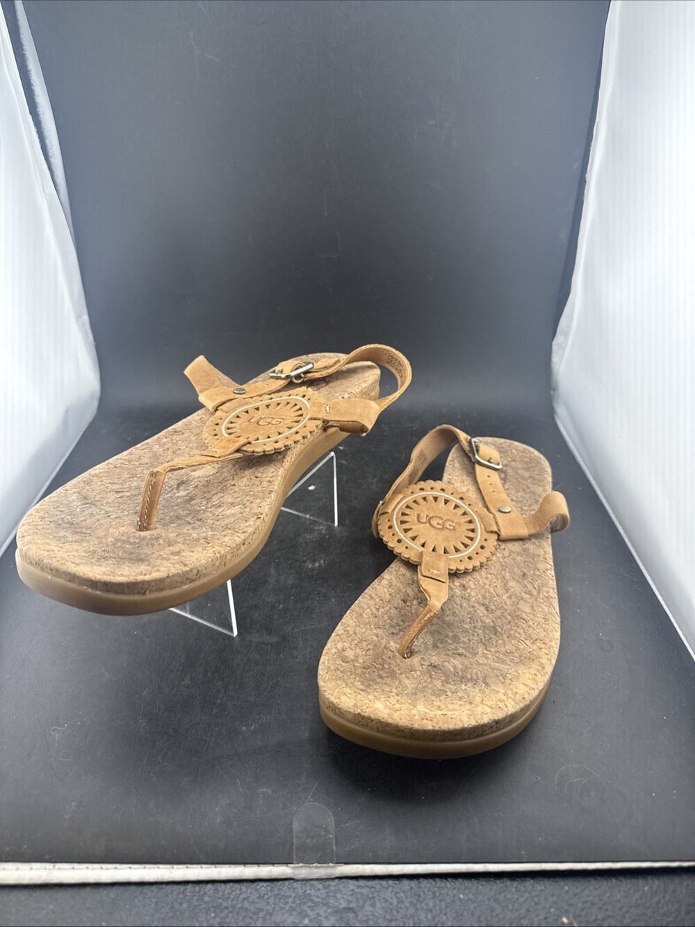 UGG Womens 9.5 Tan Leather Cork Footbed Thong Sandals Slingback 1020063